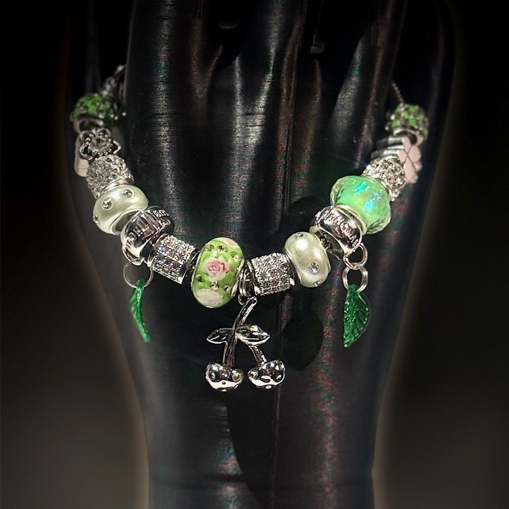 Elegant Silver and Green Charm Bracelet